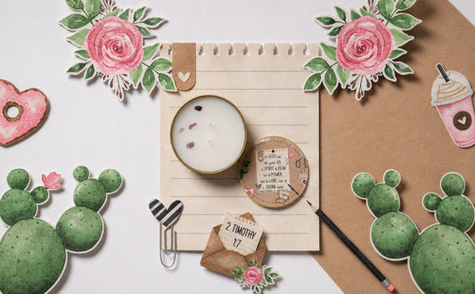 Notebook with decorative elements on a white background. FAITH CANDLE 2 TIMOTHY