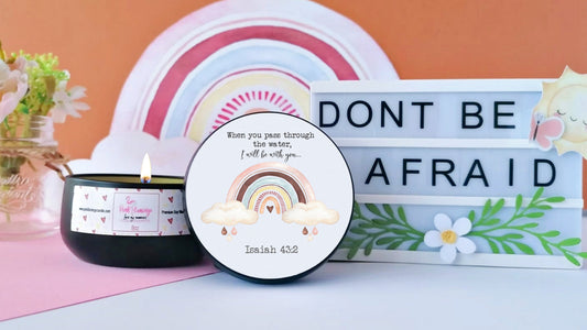 luxury soy candle featuring Isaiah 43:2 Bible verse