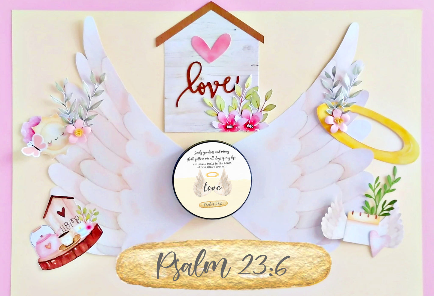 handcrafted soy candle with Psalm 23:6 verse