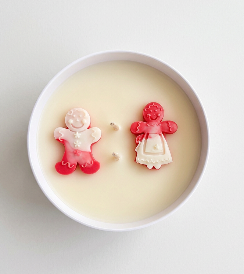 A top-down view of a white ceramic bowl containing a pale creamy liquid, with two small gingerbread-person shaped items resting in it, one in red and one in white, on a plain white background.