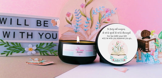 faith inspired candle styled with neutral decor