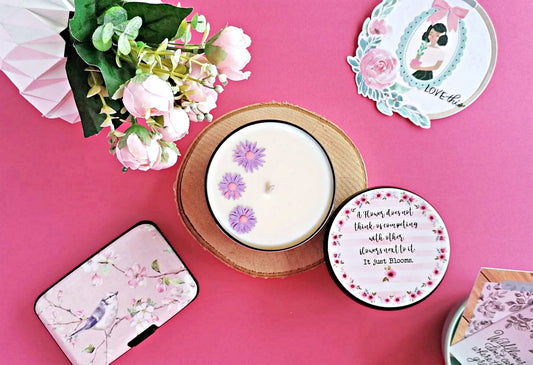 Floral Soy candle β’ Wisteria Scented Soy candle β’ "Just Blooms" β’ Inspirational Gift β’ Good vibes