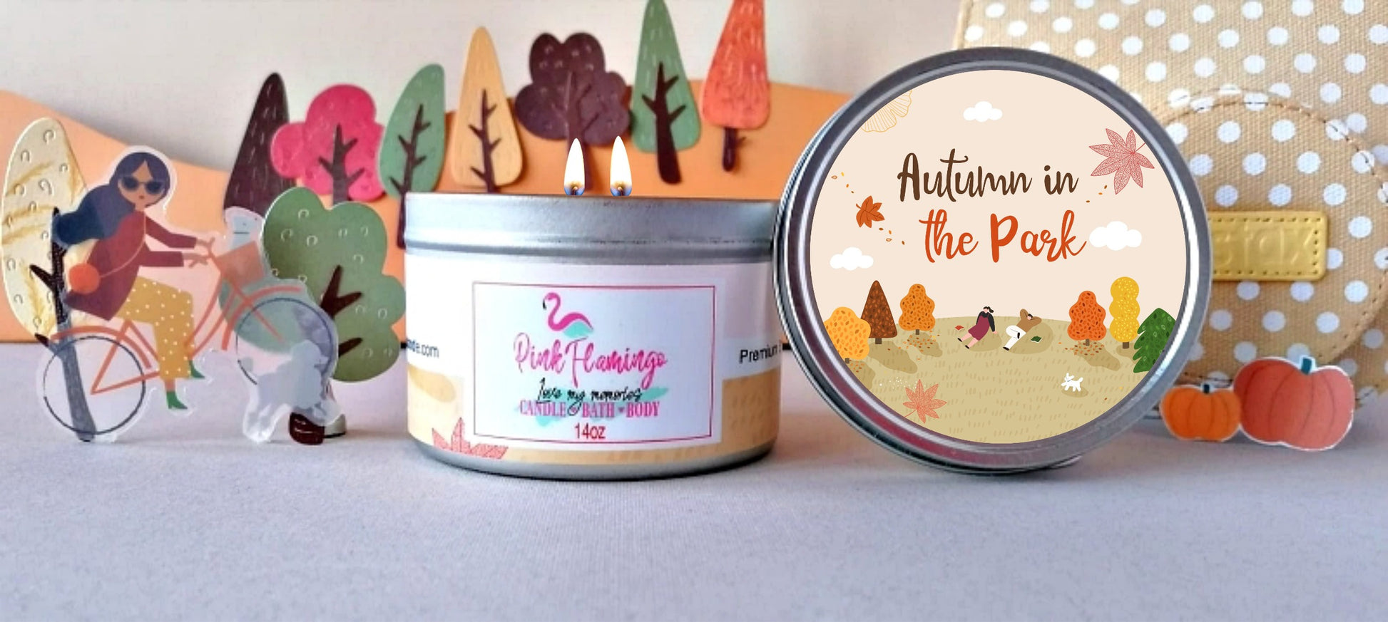 Autumn in the Park - Autumn Scented Soy Candles for Home- Pink Flamingo Candle 14oz