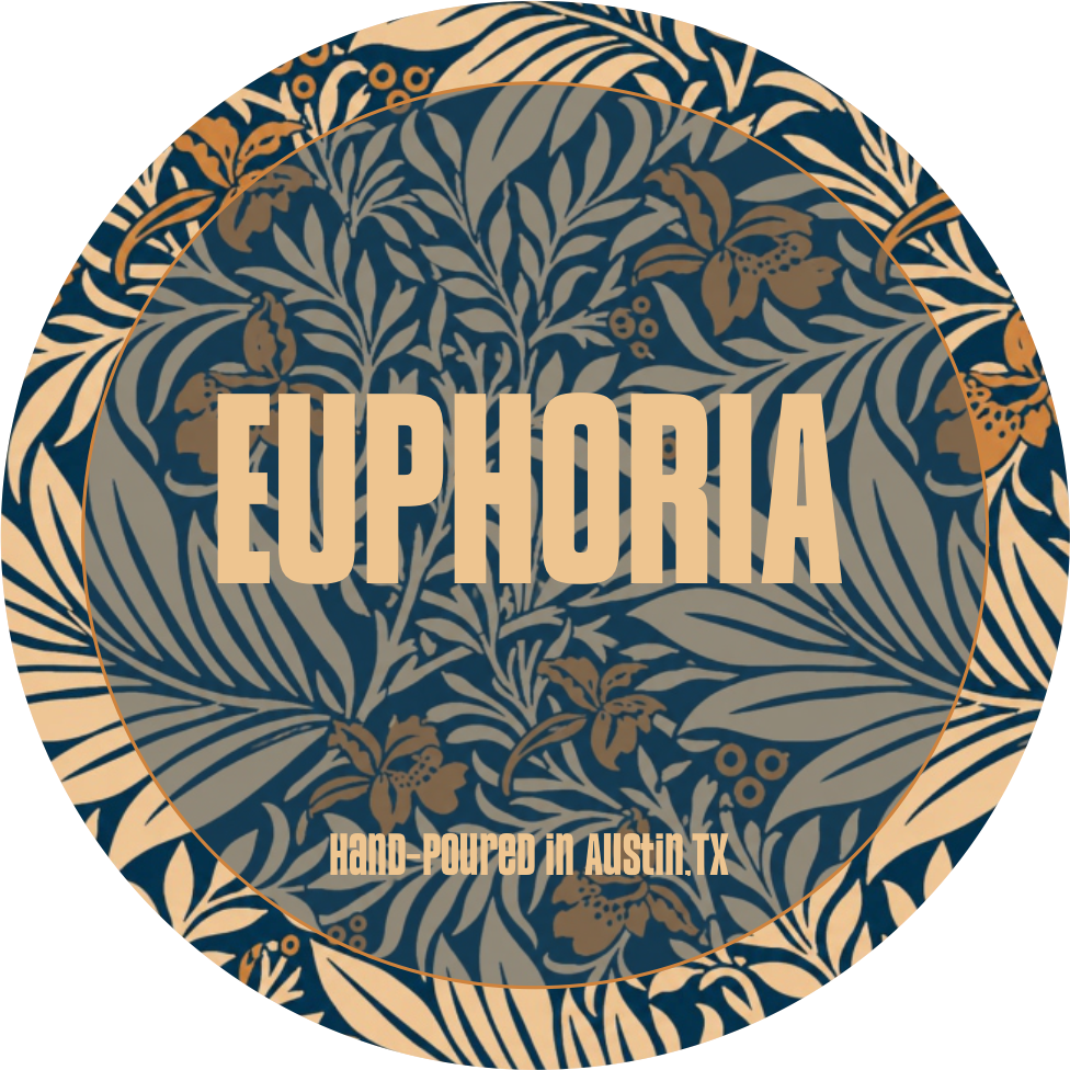 Circular design with floral pattern and 'Euphoria' text on a blue and gold background