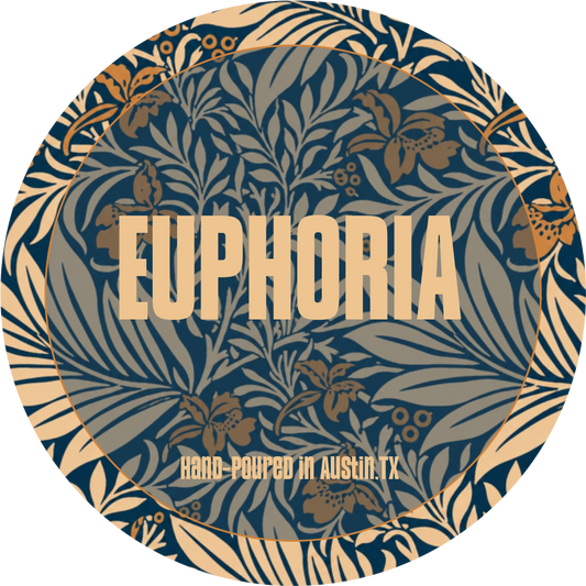 Circular design with floral pattern and 'Euphoria' text on a blue and gold background