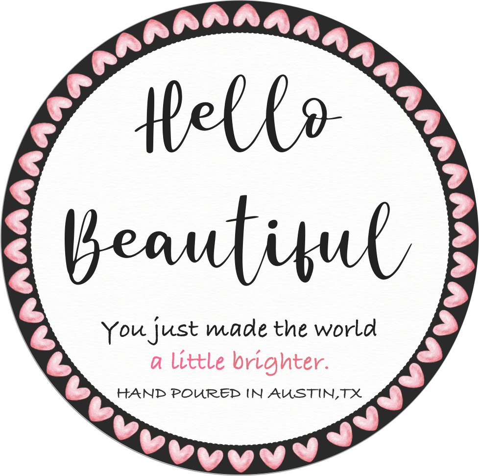Circular design with 'Hello Beautiful' text and heart border on a white background