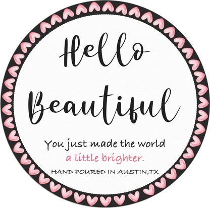Circular design with 'Hello Beautiful' text and heart border on a white background