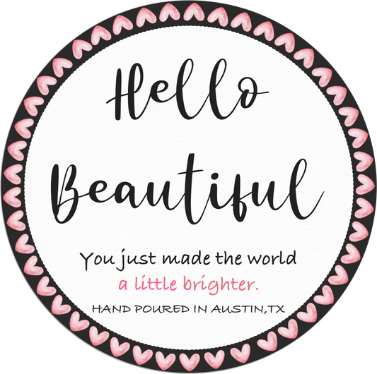 Circular design with 'Hello Beautiful' text and heart border on a white background