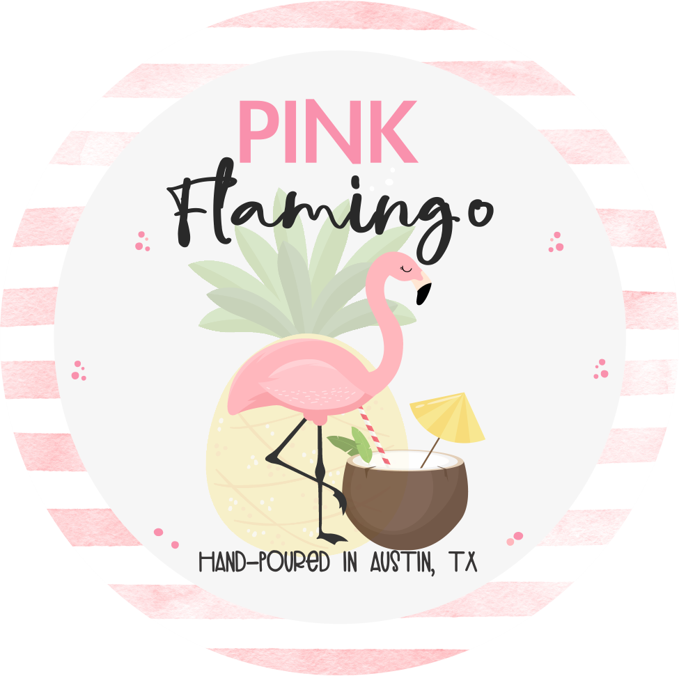 Pink flamingo design with pineapple and coconut, labeled 'Pink Flamingo' and 'Hand-poured in Austin, TX'.
