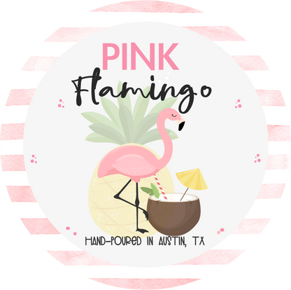Pink flamingo design with pineapple and coconut, labeled 'Pink Flamingo' and 'Hand-poured in Austin, TX'.
