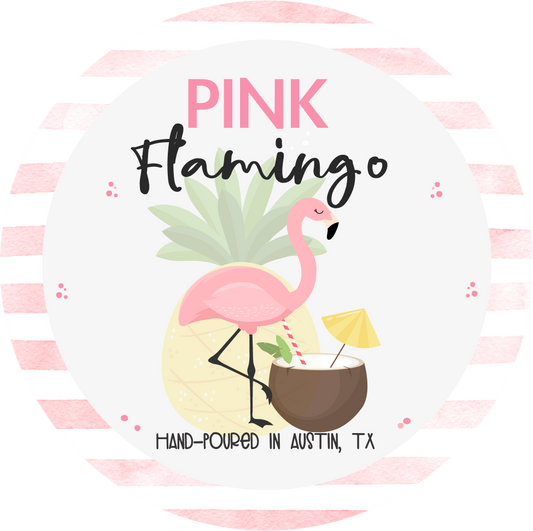 Pink flamingo design with pineapple and coconut, labeled 'Pink Flamingo' and 'Hand-poured in Austin, TX'.