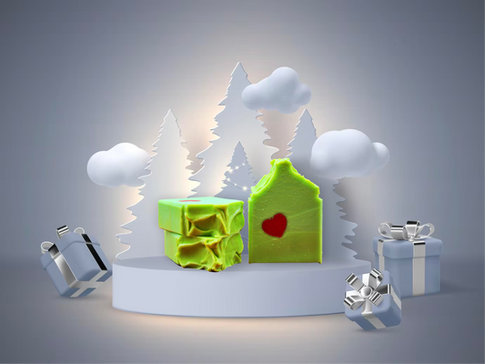 Decorative scene with green houses, presents, and snowflakes on a gray background