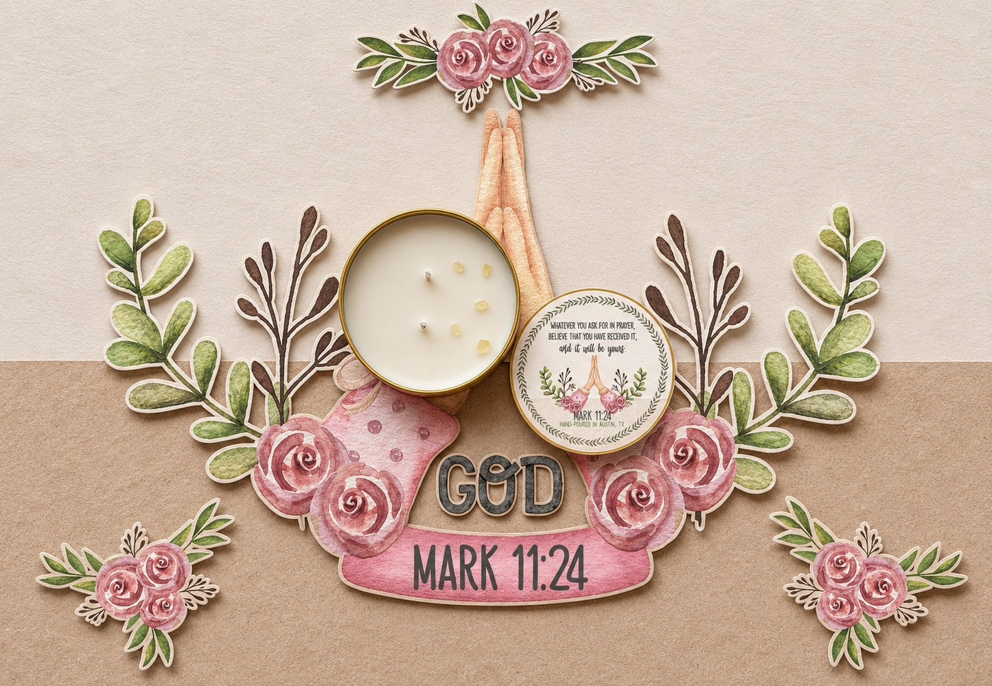 Decorative item with candles, flowers, and text on a beige background