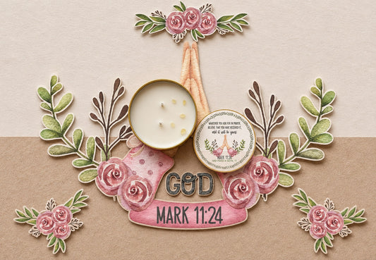 Decorative item with candles, flowers, and text on a beige background