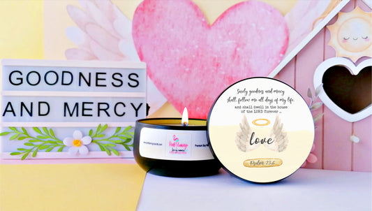 luxury faith inspired candle styled in neutral decor