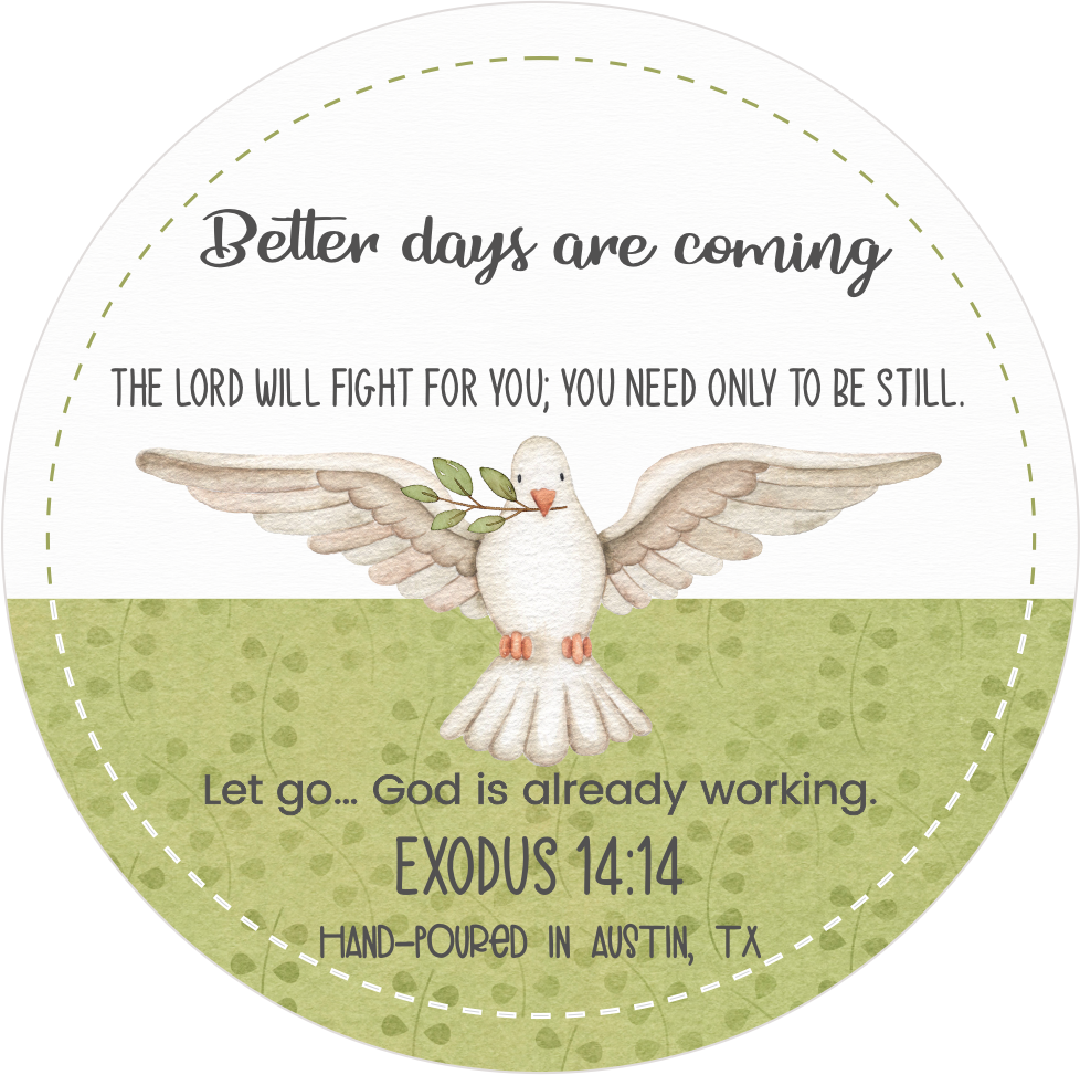 Circular design with a dove holding an olive branch, text, and a green bottom section.