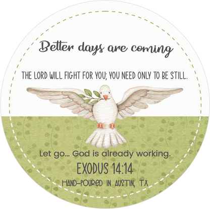 Circular design with a dove holding an olive branch, text, and a green bottom section.