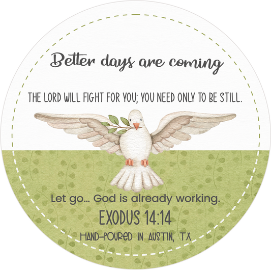 Circular design with a dove holding an olive branch, text, and a green bottom section.