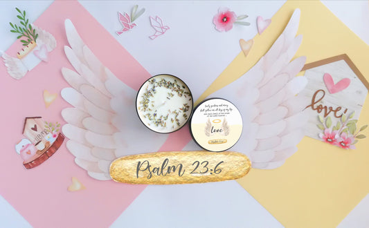 luxury soy candle featuring Psalm 23:6 Bible verse