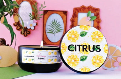 fresh citrus luxury candle in elegant jar
handcrafted citrus soy candle neutral decor
